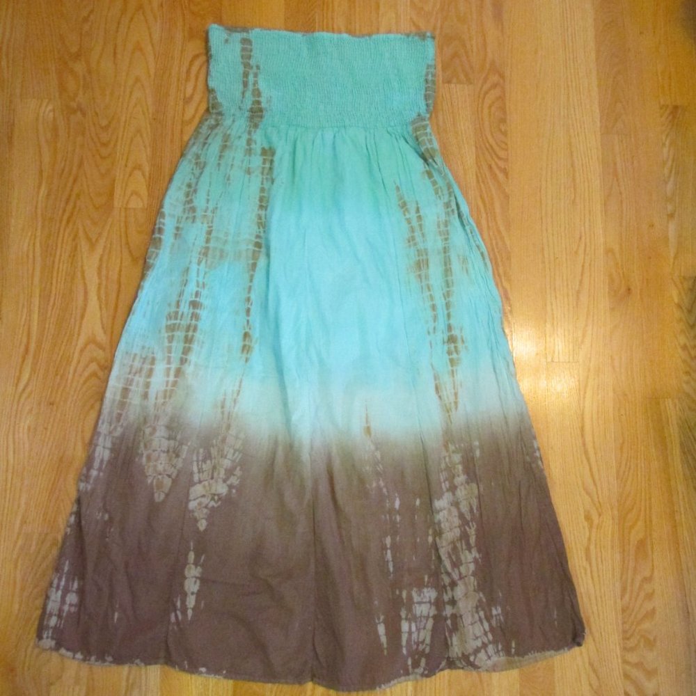 FUN & FLIRT WOMEN'S SIZE S DRESS AQUA & BROWN BATIK SMOCKED STRAPLESS TUBE MAXI